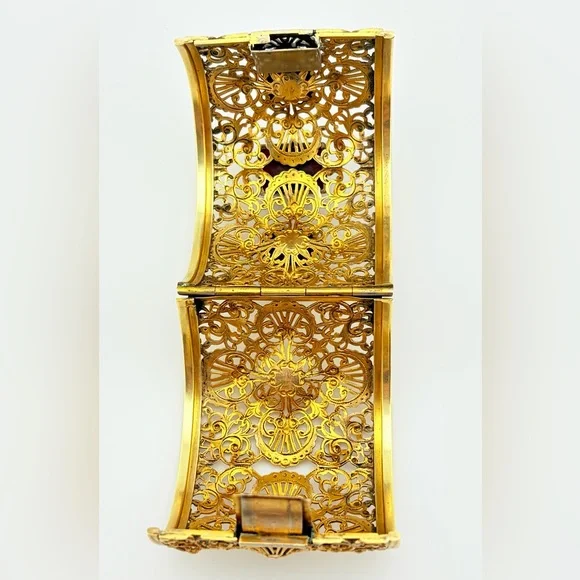 RARE Vintage Napier Gold Plated Brass Filigree Cuff With Carnelian Cabochons. - Picture 12 of 13